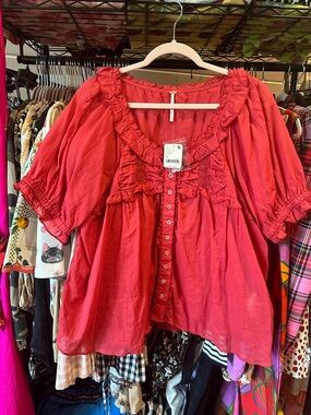 FREE PEOPLE Sweet Nothings Blouse Tomato Purée 🍅 Fine Cotton Voile Red Size XL